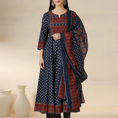 Blue Pure Cotton Printed Round Neck 3/4 Sleeves Calf Length Flared Kurta Pant And Dupatta Set Mizazjaipur