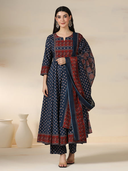 Blue Pure Cotton Printed Round Neck 3/4 Sleeves Calf Length Flared Kurta Pant And Dupatta Set Mizazjaipur
