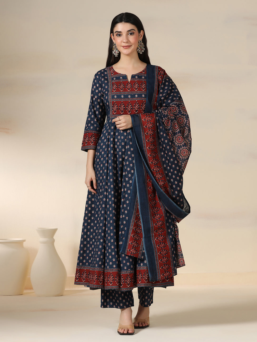 Blue Pure Cotton Printed Round Neck 3/4 Sleeves Calf Length Flared Kurta Pant And Dupatta Set Mizazjaipur