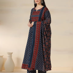 Blue Pure Cotton Printed Round Neck 3/4 Sleeves Calf Length Flared Kurta Pant And Dupatta Set Mizazjaipur