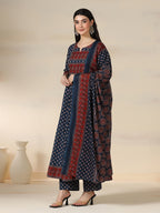 Blue Pure Cotton Printed Round Neck 3/4 Sleeves Calf Length Flared Kurta Pant And Dupatta Set Mizazjaipur
