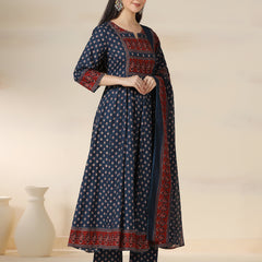 Blue Pure Cotton Printed Round Neck 3/4 Sleeves Calf Length Flared Kurta Pant And Dupatta Set Mizazjaipur