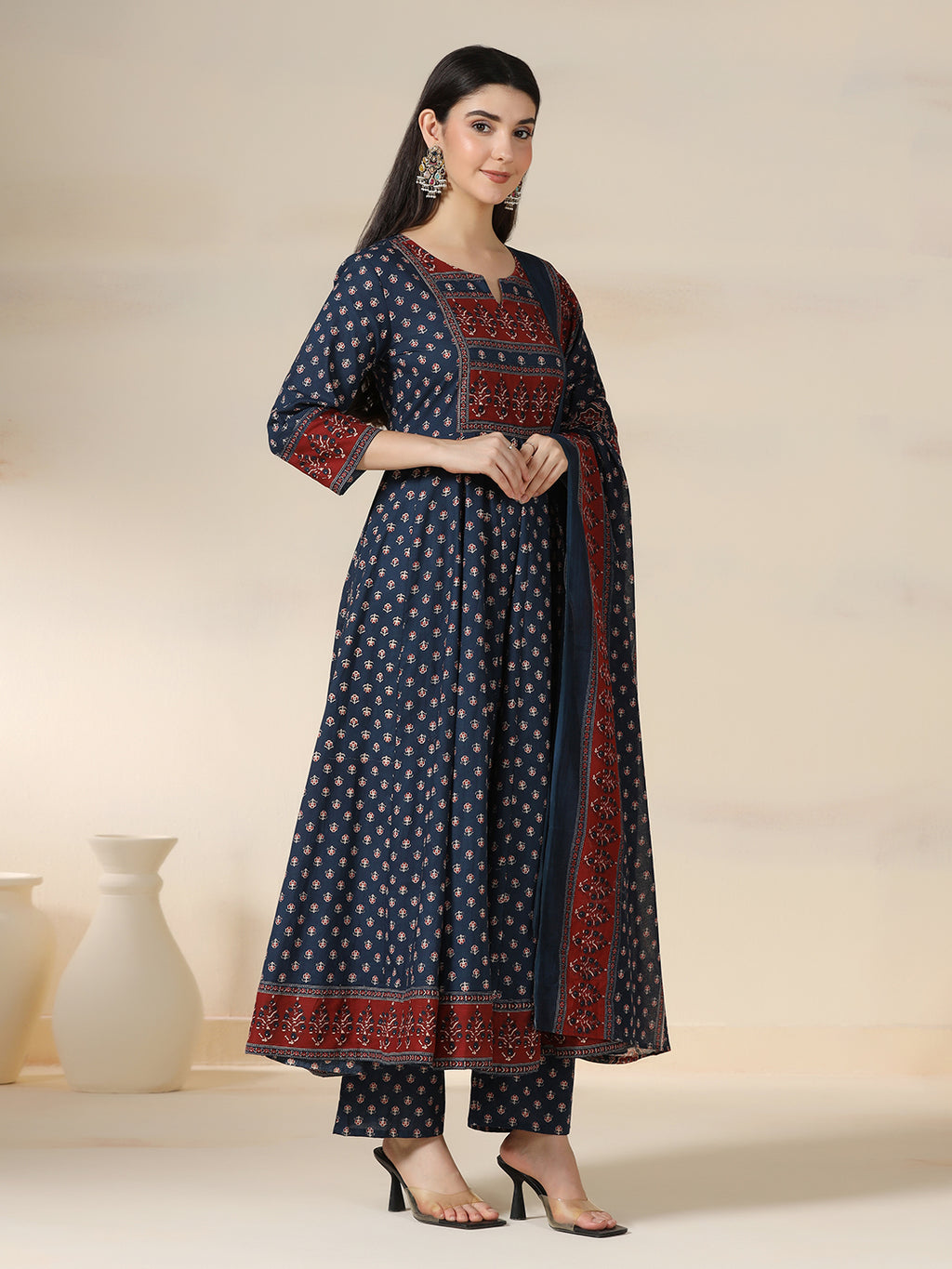 Blue Pure Cotton Printed Round Neck 3/4 Sleeves Calf Length Flared Kurta Pant And Dupatta Set Mizazjaipur