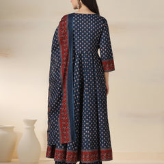 Blue Pure Cotton Printed Round Neck 3/4 Sleeves Calf Length Flared Kurta Pant And Dupatta Set Mizazjaipur