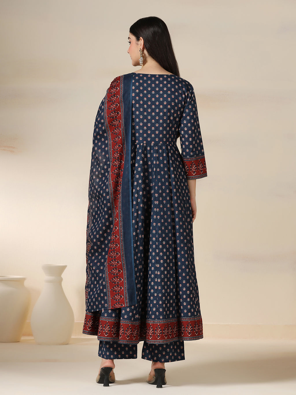 Blue Pure Cotton Printed Round Neck 3/4 Sleeves Calf Length Flared Kurta Pant And Dupatta Set Mizazjaipur