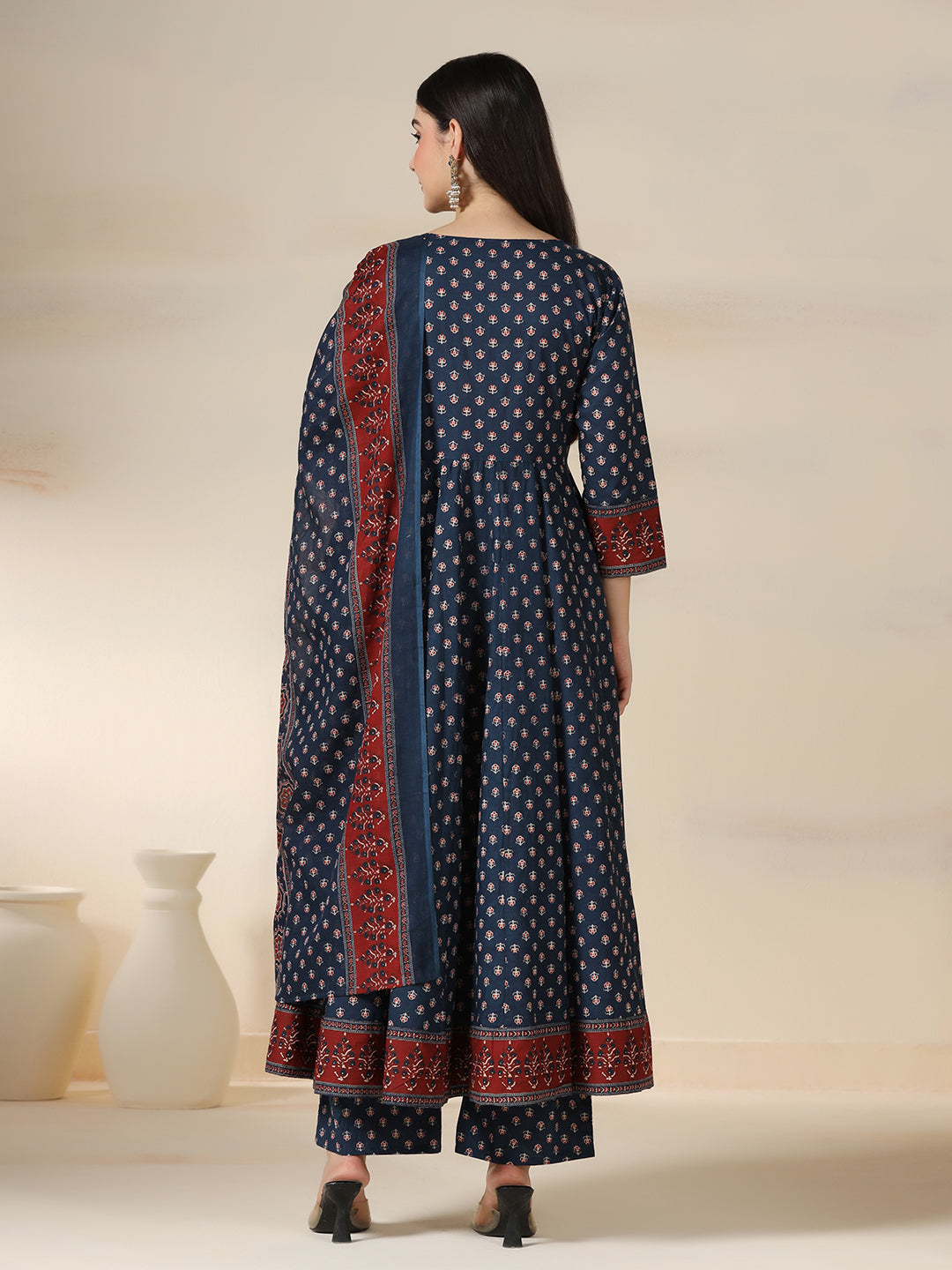 Blue Pure Cotton Printed Round Neck 3/4 Sleeves Calf Length Flared Kurta Pant And Dupatta Set Mizazjaipur