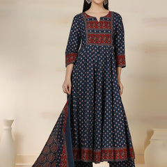 Blue Pure Cotton Printed Round Neck 3/4 Sleeves Calf Length Flared Kurta Pant And Dupatta Set Mizazjaipur