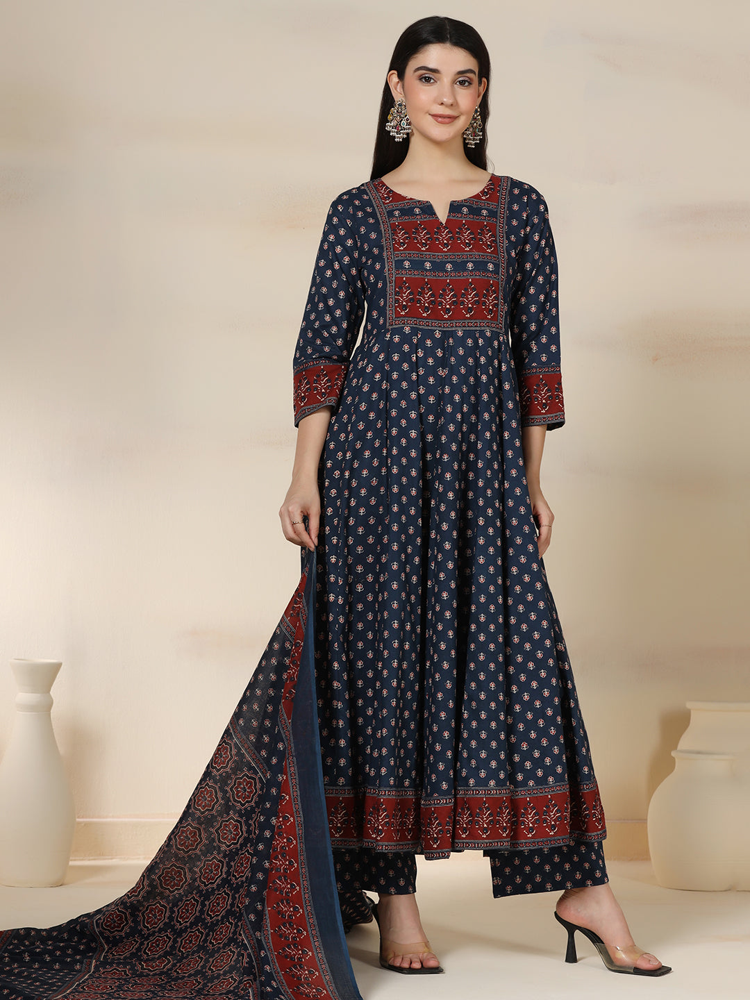Blue Pure Cotton Printed Round Neck 3/4 Sleeves Calf Length Flared Kurta Pant And Dupatta Set Mizazjaipur