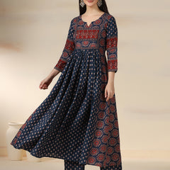 Blue Pure Cotton Printed Sequence Work Round Neck 3/4 Sleeves Calf Length Flared Kurta Pant And Dupatta Set Mizazjaipur