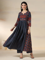 Blue Pure Cotton Printed Sequence Work Round Neck 3/4 Sleeves Calf Length Flared Kurta Pant And Dupatta Set Mizazjaipur