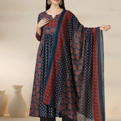 Blue Pure Cotton Printed Sequence Work Round Neck 3/4 Sleeves Calf Length Flared Kurta Pant And Dupatta Set Mizazjaipur