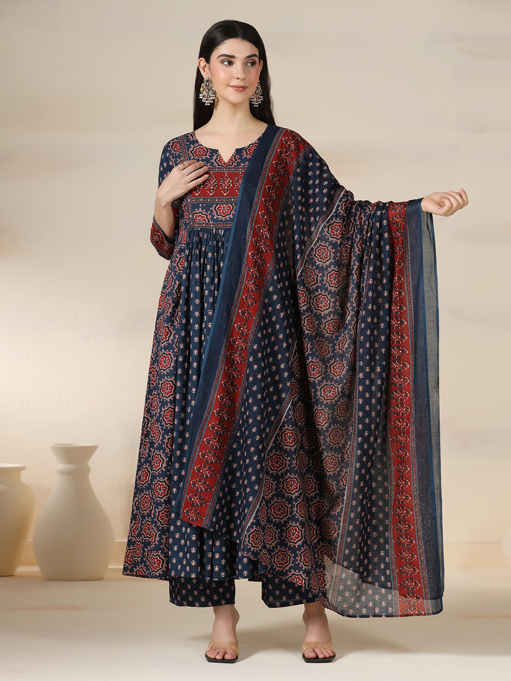 Blue Pure Cotton Printed Sequence Work Round Neck 3/4 Sleeves Calf Length Flared Kurta Pant And Dupatta Set Mizazjaipur