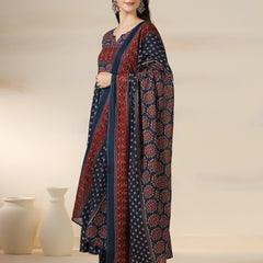 Blue Pure Cotton Printed Sequence Work Round Neck 3/4 Sleeves Calf Length Flared Kurta Pant And Dupatta Set Mizazjaipur