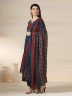 Blue Pure Cotton Printed Sequence Work Round Neck 3/4 Sleeves Calf Length Flared Kurta Pant And Dupatta Set Mizazjaipur
