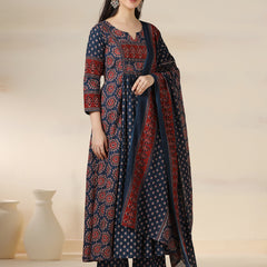 Blue Pure Cotton Printed Sequence Work Round Neck 3/4 Sleeves Calf Length Flared Kurta Pant And Dupatta Set Mizazjaipur