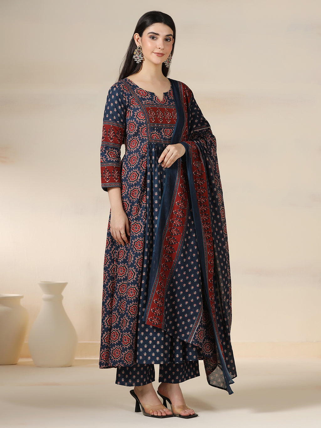 Blue Pure Cotton Printed Sequence Work Round Neck 3/4 Sleeves Calf Length Flared Kurta Pant And Dupatta Set Mizazjaipur