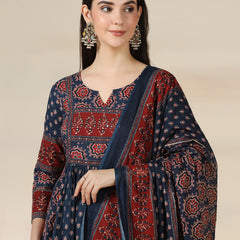 Blue Pure Cotton Printed Sequence Work Round Neck 3/4 Sleeves Calf Length Flared Kurta Pant And Dupatta Set Mizazjaipur