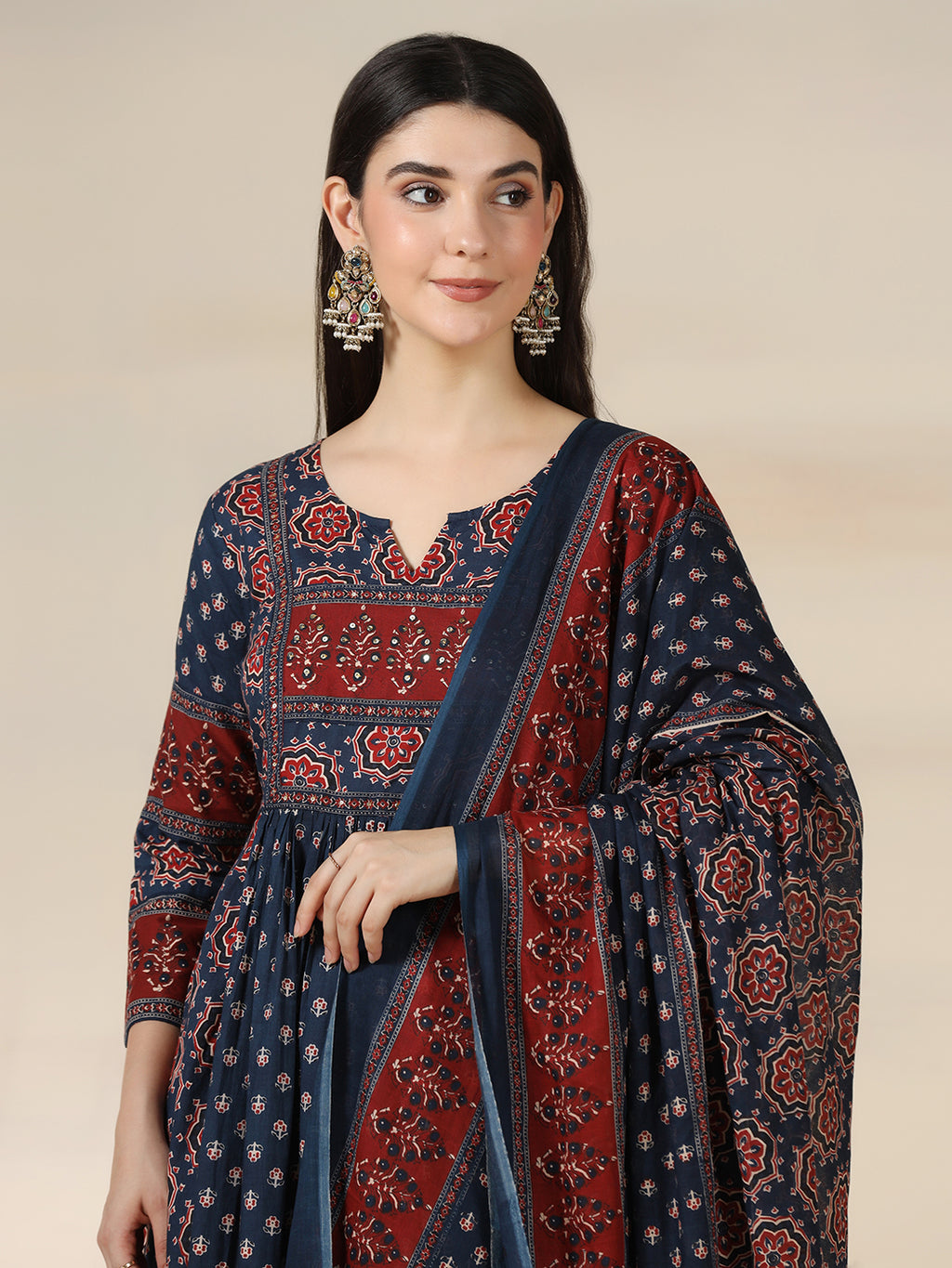 Blue Pure Cotton Printed Sequence Work Round Neck 3/4 Sleeves Calf Length Flared Kurta Pant And Dupatta Set Mizazjaipur