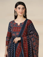 Blue Pure Cotton Printed Sequence Work Round Neck 3/4 Sleeves Calf Length Flared Kurta Pant And Dupatta Set Mizazjaipur