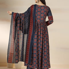 Blue Pure Cotton Printed Sequence Work Round Neck 3/4 Sleeves Calf Length Flared Kurta Pant And Dupatta Set Mizazjaipur