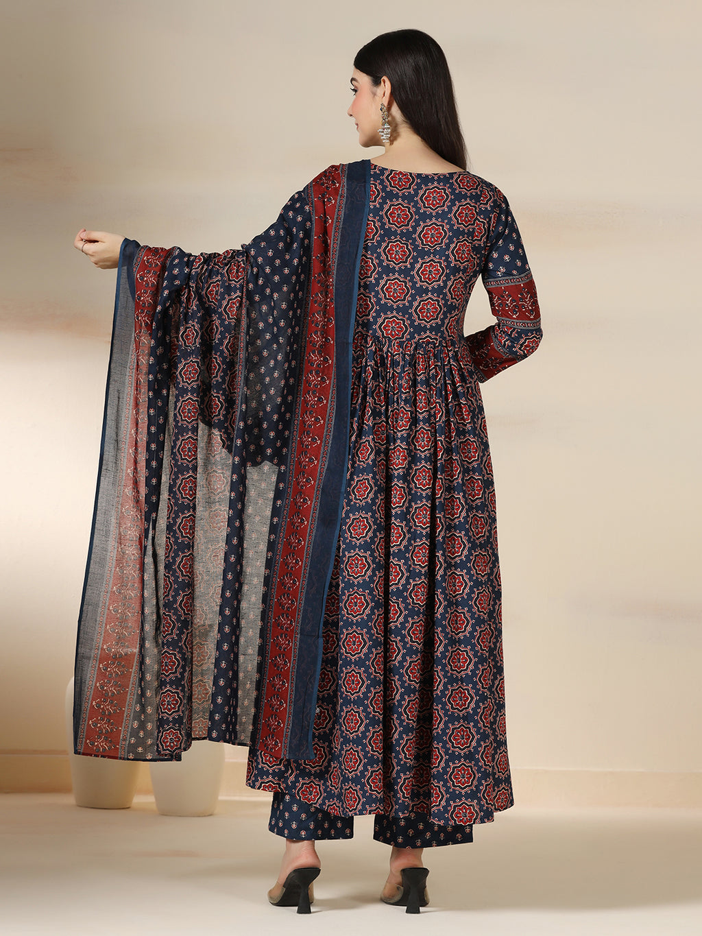 Blue Pure Cotton Printed Sequence Work Round Neck 3/4 Sleeves Calf Length Flared Kurta Pant And Dupatta Set Mizazjaipur