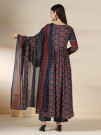 Blue Pure Cotton Printed Sequence Work Round Neck 3/4 Sleeves Calf Length Flared Kurta Pant And Dupatta Set Mizazjaipur