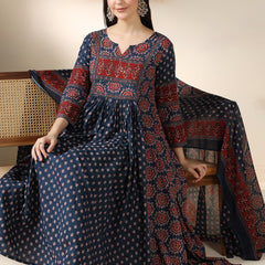 Blue Pure Cotton Printed Sequence Work Round Neck 3/4 Sleeves Calf Length Flared Kurta Pant And Dupatta Set Mizazjaipur