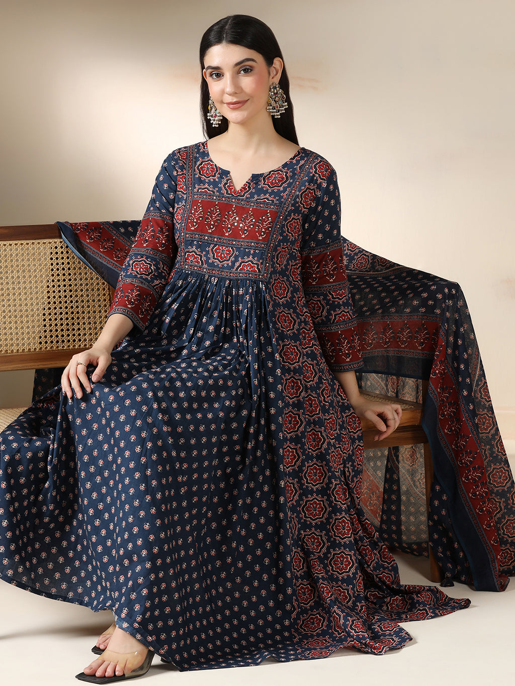 Blue Pure Cotton Printed Sequence Work Round Neck 3/4 Sleeves Calf Length Flared Kurta Pant And Dupatta Set Mizazjaipur