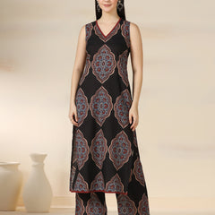 Black Pure Cotton Printed Lace Work V-Neck Sleeveless Calf Length Straight Kurta Pant Set Mizazjaipur
