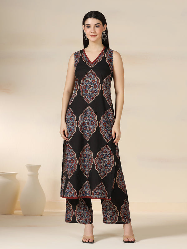 Black Pure Cotton Printed Lace Work V-Neck Sleeveless Calf Length Straight Kurta Pant Set Mizazjaipur