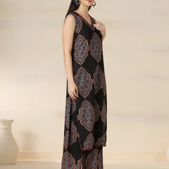Black Pure Cotton Printed Lace Work V-Neck Sleeveless Calf Length Straight Kurta Pant Set Mizazjaipur
