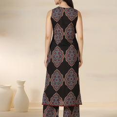 Black Pure Cotton Printed Lace Work V-Neck Sleeveless Calf Length Straight Kurta Pant Set Mizazjaipur