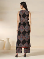 Black Pure Cotton Printed Lace Work V-Neck Sleeveless Calf Length Straight Kurta Pant Set Mizazjaipur