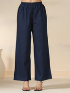 Navy Blue Pure Cotton Printed Mirror Work Round Neck 3/4 Sleeves Calf Length Flared Kurta Pant And Dupatta Set Mizazjaipur