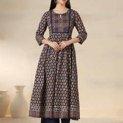 Navy Blue Pure Cotton Printed Mirror Work Round Neck 3/4 Sleeves Calf Length Flared Kurta Pant And Dupatta Set Mizazjaipur