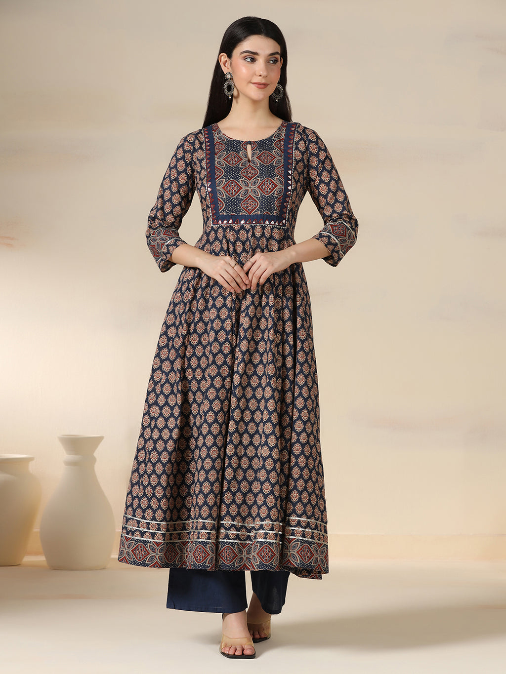 Navy Blue Pure Cotton Printed Mirror Work Round Neck 3/4 Sleeves Calf Length Flared Kurta Pant And Dupatta Set Mizazjaipur