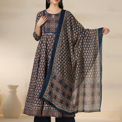 Navy Blue Pure Cotton Printed Mirror Work Round Neck 3/4 Sleeves Calf Length Flared Kurta Pant And Dupatta Set Mizazjaipur