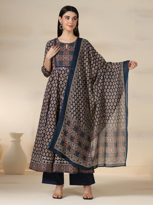 Navy Blue Pure Cotton Printed Mirror Work Round Neck 3/4 Sleeves Calf Length Flared Kurta Pant And Dupatta Set Mizazjaipur