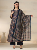 Navy Blue Pure Cotton Printed Mirror Work Round Neck 3/4 Sleeves Calf Length Flared Kurta Pant And Dupatta Set Mizazjaipur