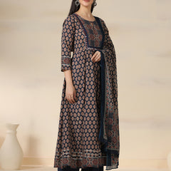 Navy Blue Pure Cotton Printed Mirror Work Round Neck 3/4 Sleeves Calf Length Flared Kurta Pant And Dupatta Set Mizazjaipur