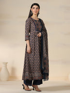 Navy Blue Pure Cotton Printed Mirror Work Round Neck 3/4 Sleeves Calf Length Flared Kurta Pant And Dupatta Set Mizazjaipur