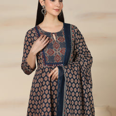 Navy Blue Pure Cotton Printed Mirror Work Round Neck 3/4 Sleeves Calf Length Flared Kurta Pant And Dupatta Set Mizazjaipur
