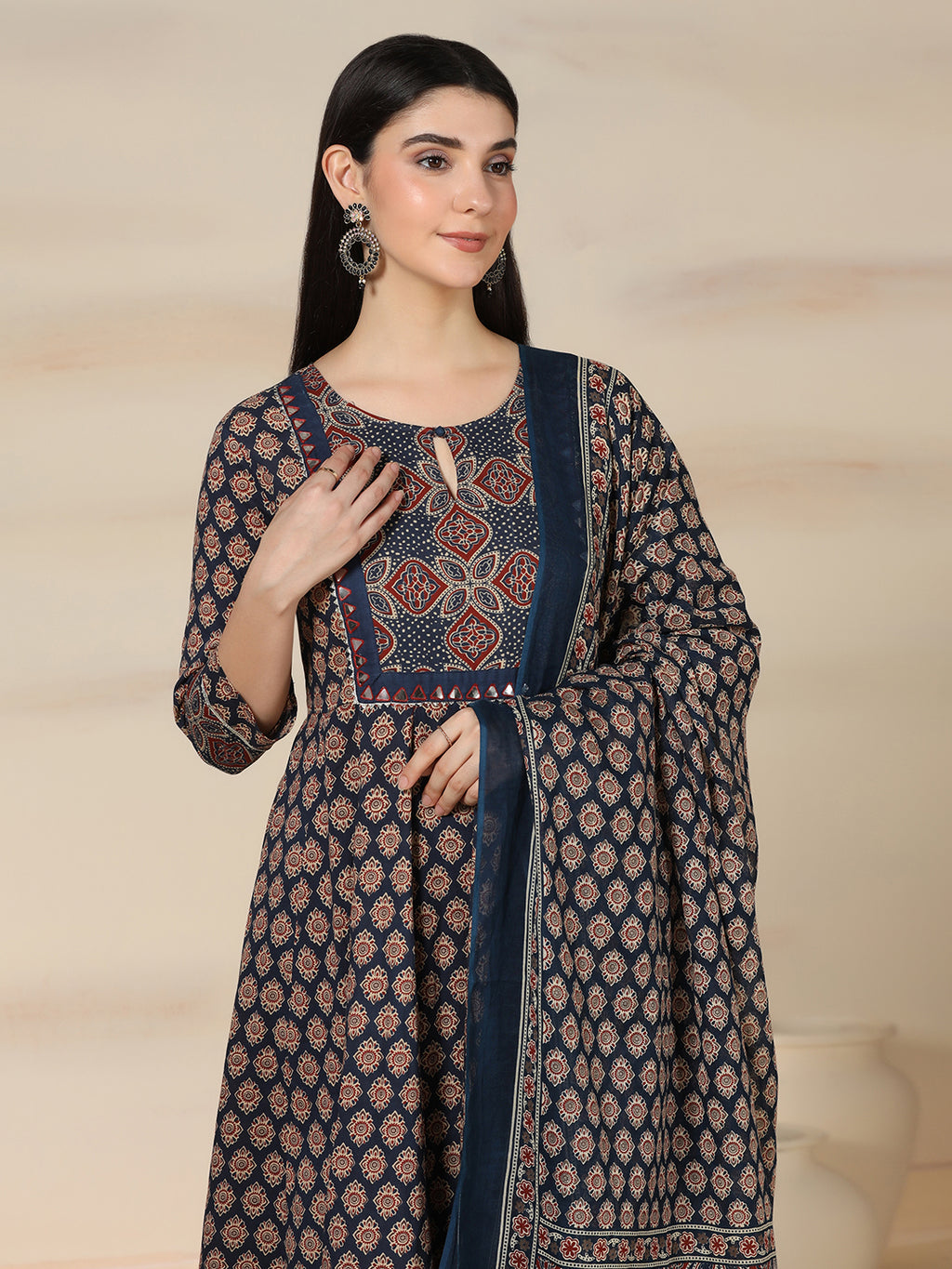 Navy Blue Pure Cotton Printed Mirror Work Round Neck 3/4 Sleeves Calf Length Flared Kurta Pant And Dupatta Set Mizazjaipur