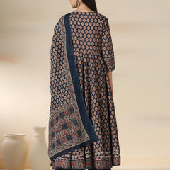 Navy Blue Pure Cotton Printed Mirror Work Round Neck 3/4 Sleeves Calf Length Flared Kurta Pant And Dupatta Set Mizazjaipur