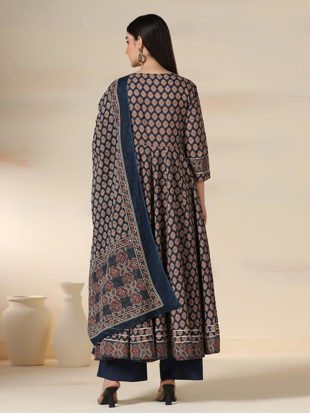 Navy Blue Pure Cotton Printed Mirror Work Round Neck 3/4 Sleeves Calf Length Flared Kurta Pant And Dupatta Set Mizazjaipur