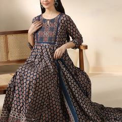 Navy Blue Pure Cotton Printed Mirror Work Round Neck 3/4 Sleeves Calf Length Flared Kurta Pant And Dupatta Set Mizazjaipur