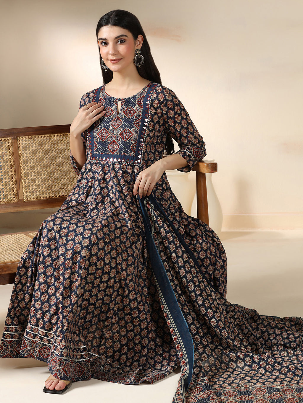 Navy Blue Pure Cotton Printed Mirror Work Round Neck 3/4 Sleeves Calf Length Flared Kurta Pant And Dupatta Set Mizazjaipur