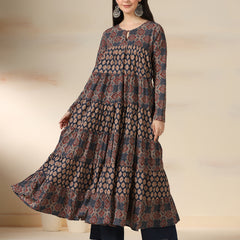 Navy Blue Pure Cotton Printed Round Neck Full Sleeves Calf Length Flared Kurta Pant And Dupatta Set Mizazjaipur