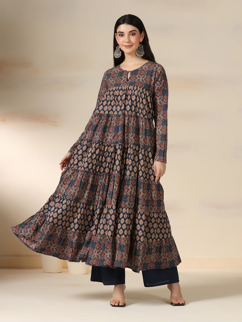 Navy Blue Pure Cotton Printed Round Neck Full Sleeves Calf Length Flared Kurta Pant And Dupatta Set Mizazjaipur