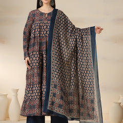 Navy Blue Pure Cotton Printed Round Neck Full Sleeves Calf Length Flared Kurta Pant And Dupatta Set Mizazjaipur